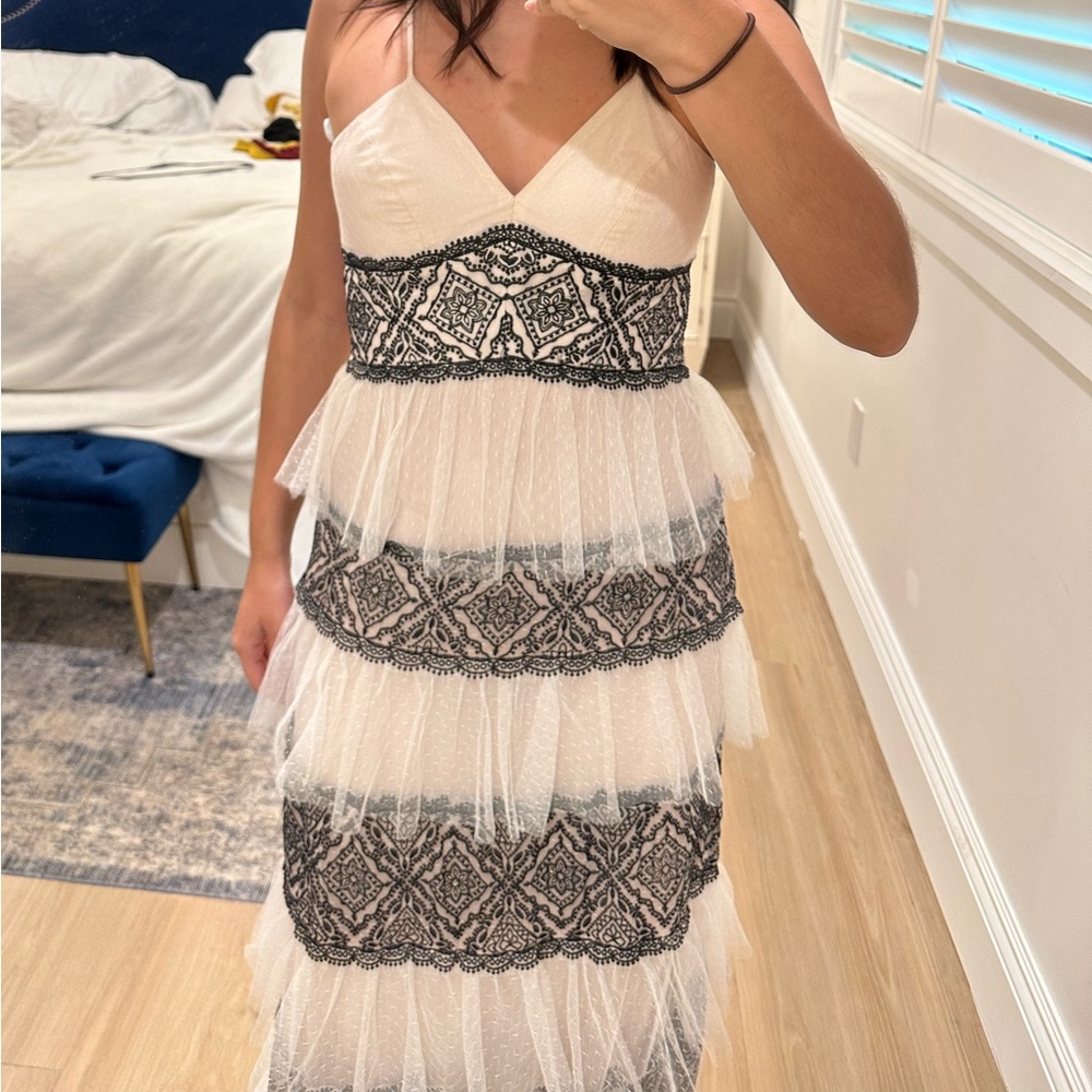 BCBGMaxAzria pink tulle and black lace tiered gown